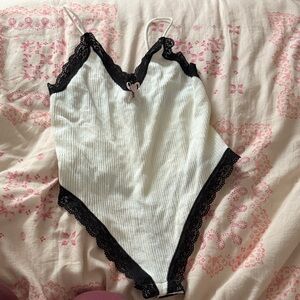 Urban Outfitters White and Black Lace Trim Tank Top